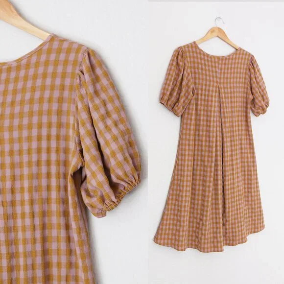 Reminiscence Gingham Plaid Seersucker Puff Short Sleeves Flared Dress Mini Tan - Picture 10 of 13